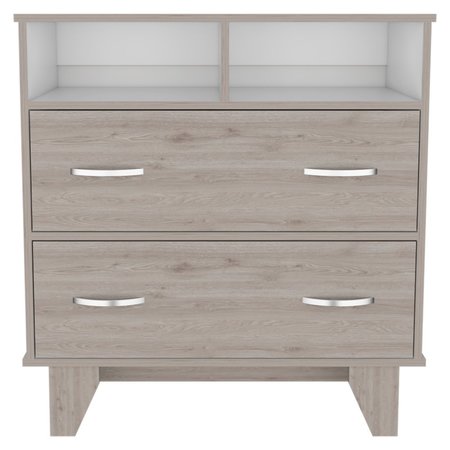 Tuhome Portanova Two Drawer Dresser, Two Open Shelves, Superior Top, Four Legs, Light Gray/White CZB6740